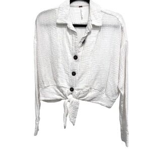 Free People white 2 ply gauzy cotton button up collared shirt with waist tie S
